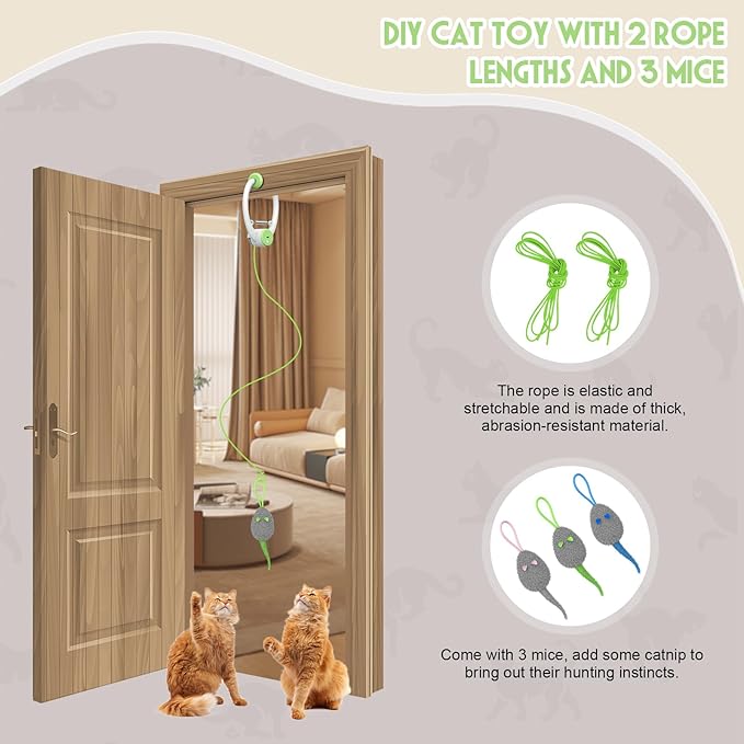 Cat Toy Interactive for Indoor Cats, Smart USB Rechargeable Door Hanging Automatic Retractable Kitten Toys, Teaser Electronic Self Play Feather Cat String Toy Attached with 3 Catnip Mice Green-Mewly Pet