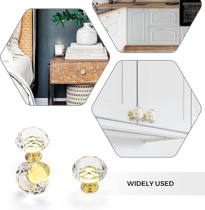 Ravinte 10 Pack Crystal Drawer Knobs - Glass Cabinet Knobs, Diamond Shaped, 30 mm with Gold Base