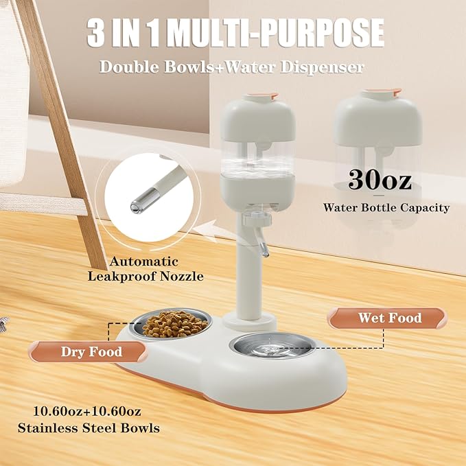 Pet Bowls,15°Tilted Puppy Food Bowls with Puppy Weaning Bottles,3 in 1 Height Adjustable Water Dispenser for Dogs,Pet Food Bowls for Ferrets,Cats,Rabbits and Small Sized Dogs(White)-Mewly Pet