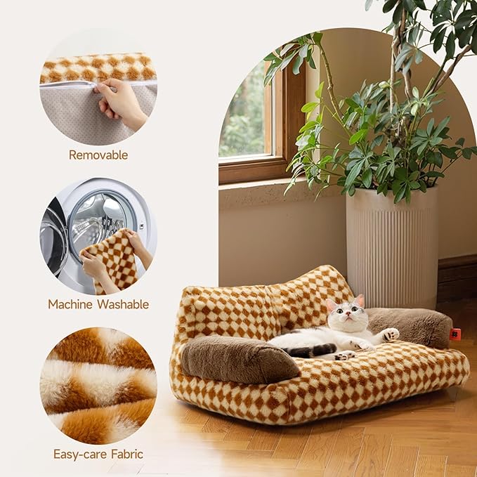 MEWOOFUN Cat Bed for Indoor Cats, Washable Dog Beds for Small Medium Dogs & Cats, Fluffy Cat Couch with Non-Slip Bottom, 26×19×13 Inch (Brown, 26.0" L x 19.0" W x 13.0" Th)-Mewly Pet