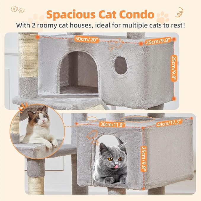 Taoqimiao Cat Tree 71-Inch, Cat Tower for Indoor Cats Large Adult, Multi-Level Large Cat Condo, 8 Sisal Scratching Posts, Metal Frame Cozy Hammock, Scratch Board, 2 Top Perches, Light Gray MS026LW-Mewly Pet