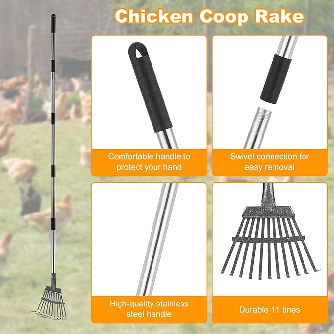 Chicken Poop Scooper Set - Adjustable Coop Scoop with Ergonomic Grip, Rake, Reusable Waste Bag & Gloves - Durable Sand Sifting Litter Shovel for Chicken Coops, Farms, Pet Waste-Mewly Pet