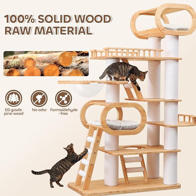 76.8'' Tall Modern Large Cat Tree,Multi-Level Wood Cat Tower for Indoor Cats Large Adults,Luxury Heavy Duty Cat Condo with Cushion,Scratching Posts,Clear Hammock Activity (76.8inch)-Mewly Pet
