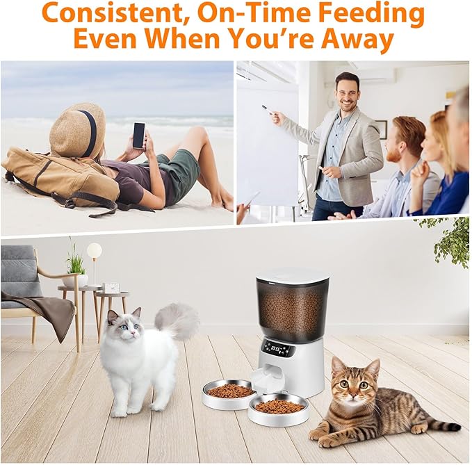 Automatic Cat Feeders for Two Cats, 5L/20 Cups Double Automatic Cat Food Dispenser with 2 Stainless Bowls, Timer Setting 20 Portions 6 Meals Per Day, 10s Meal Call, Pet Feeder for Dog (White)-Mewly Pet