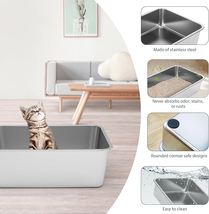 Stainless Steel Litter Box - Cat Litter Box Easy to Clean, Never Absorbs Odor, Stains, or Rusts - Silver (17.7" L x 13.5" W x 6" H)-Mewly Pet
