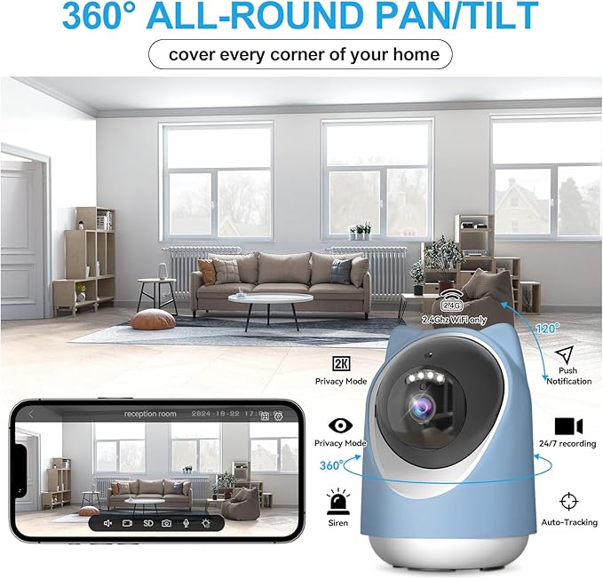 Security Camera Indoor,Wi-Fi &Two-Way Audio,Indoor Camera for Home,Baby/Dog/Cat/Pet Camera with Phone app,Night Vision,Motion Tracking, Compatible with Alexa (Blue)-Mewly Pet