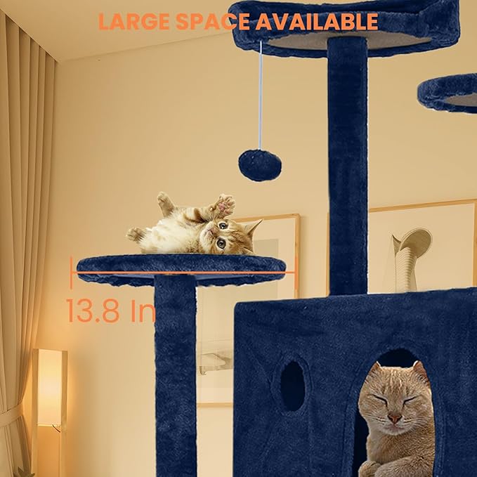 54.7 inches Cat Tower - Multi-Level Cat Condo with Scratching Posts, Hanging Toys, Navy Blue-Mewly Pet