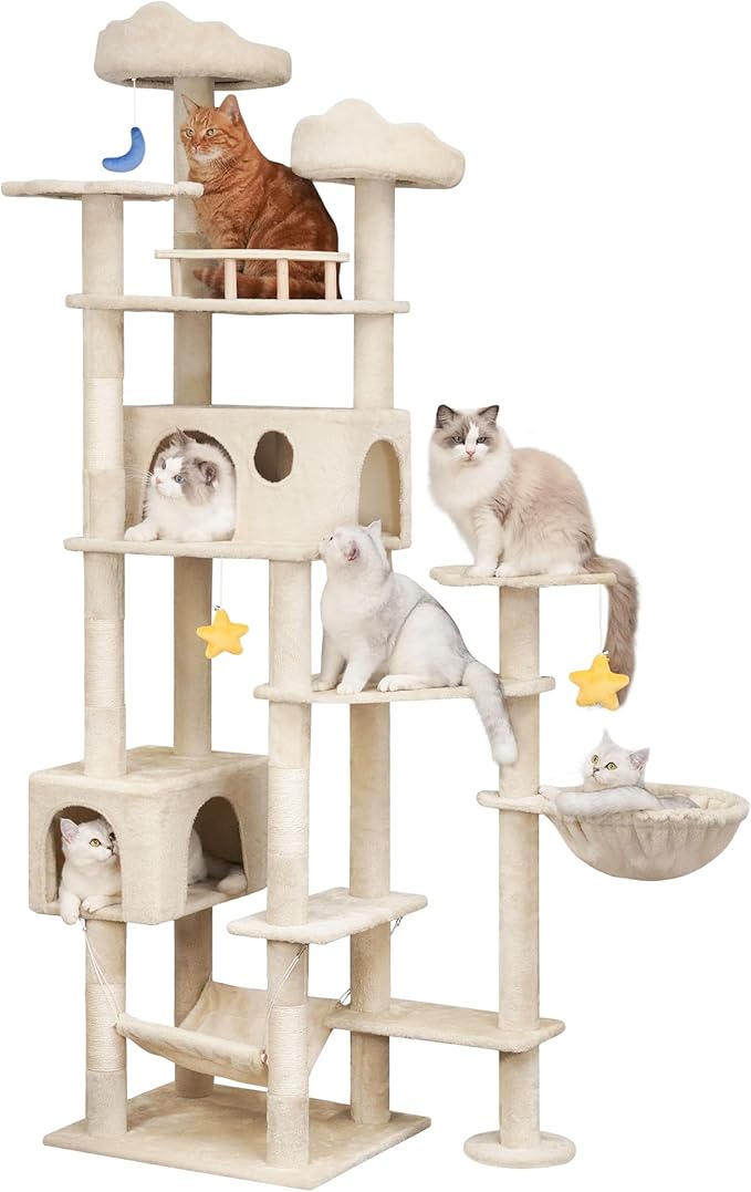 85inch Heavy Duty Cat Tree for Indoor Cats Large Adult, Tall Giant Cat Tower with Scratching Post, Large Perches, Cozy Cat Condos & Hanging Hammocks, Beige-Mewly Pet