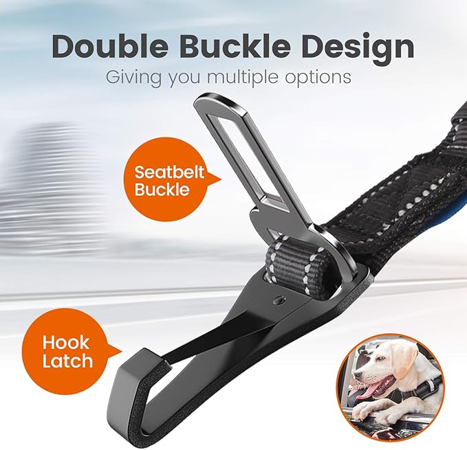 IOKHEIRA Dog Seatbelt, Updated Adjustable Harness Reflective Bungee Dog Car Seat Belt with Aviation Aluminum Alloy Rotatable Carabiner, Hook & Buckle-Mewly Pet