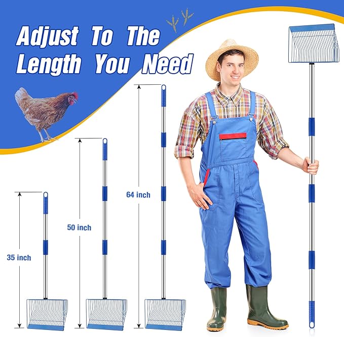 Large Chicken Poop Scooper, Heavy Duty Chicken Coop Scoop for Sand, 35" to 64" Adjustable Stainless Steel Handle, Multifunctional Sifting Shovel for Chicken Coop/Goat Stall/Stable Cleaning-Mewly Pet