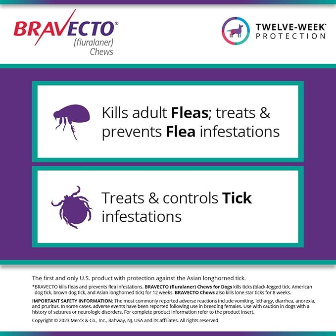 BRAVECTO Chew for Dogs, Flea & Tick, 1 Chew, 12 Week Supply, >44-88 lbs., Blue Box-Mewly Pet