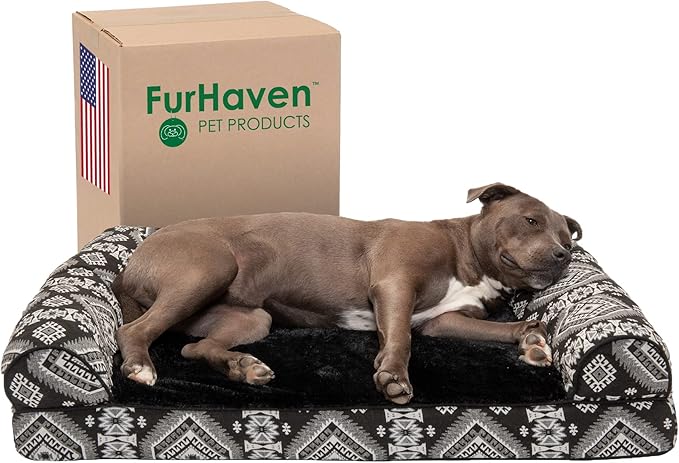 Furhaven Orthopedic Dog Bed for Large/Medium Dogs w/ Removable Bolsters & Washable Cover, For Dogs Up to 55 lbs - Plush & Southwest Kilim Woven Decor Sofa - Black Medallion, Large-Mewly Pet