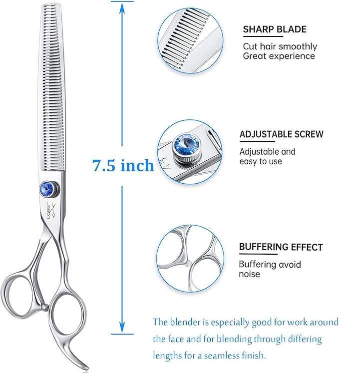 JASON 7.5" 56-Tooth Blending Dogs Grooming Scissors Cats Thinning Shears Pets Blender Thinner Trimming Texturizing Kit with Offset Handle Blue Jewelled Screw (7.5 Inch)-Mewly Pet