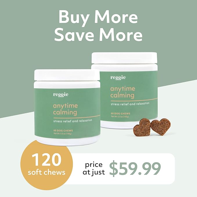 Reggie Anytime Calming Chews for Dogs | Natural Calming Dog Treats to Reduce Hyperactivity, Separation Anxiety, & Stress | Vet-Approved & Ideal for All Ages, Breeds, and Sizes (120 Count)-Mewly Pet