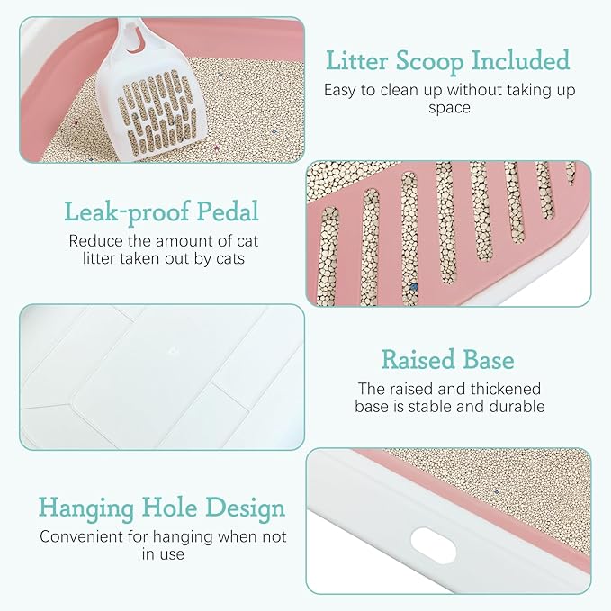 Fhiny Cat Litter Box Portable Shallow Litter Box 17.7"x13.4"x4.9" Foldable Cat Toilet with Scoop Open Kitty Potty Pan with Litter Drop Pedal Easy to Clean Travel Kitten Toilet(Pink)-Mewly Pet