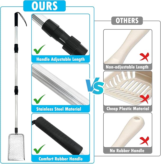 PINVNBY Stainless Steel Chicken Poop Scooper 3 in 1 Adjustable Long Handle Poop Scooper for Chicken(22.3" to 47.6") Multifunctional Chicken Coop Cleaning Tools Sifting Shovel Chicken Coop Accessories-Mewly Pet