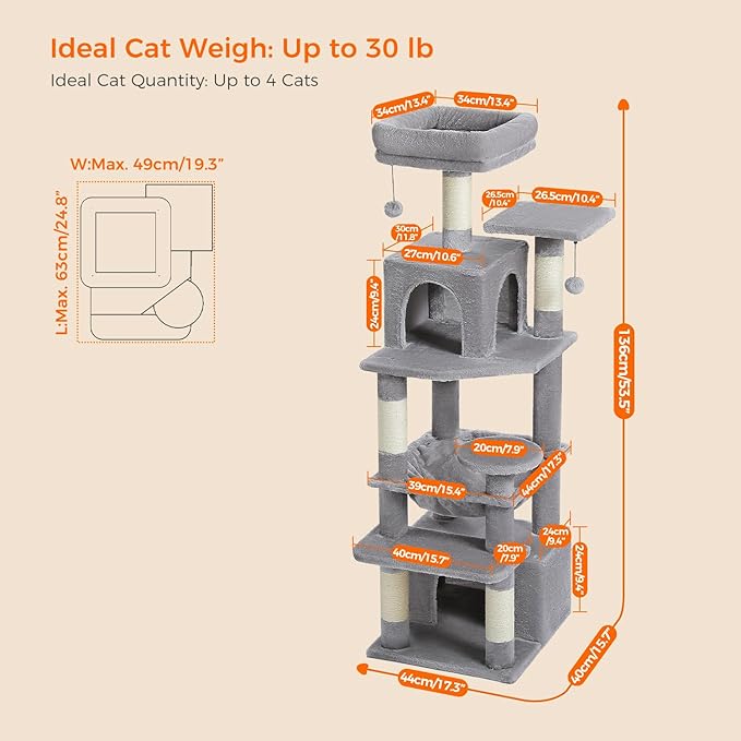 PAWZ Road Cat Tree, 53.5 Inches Tall Cat Tower with Spacious Hammocks, Condos and Scratching Posts, Cat House with Dual Padded Perches for Indoor Large Cats-Gray-Mewly Pet