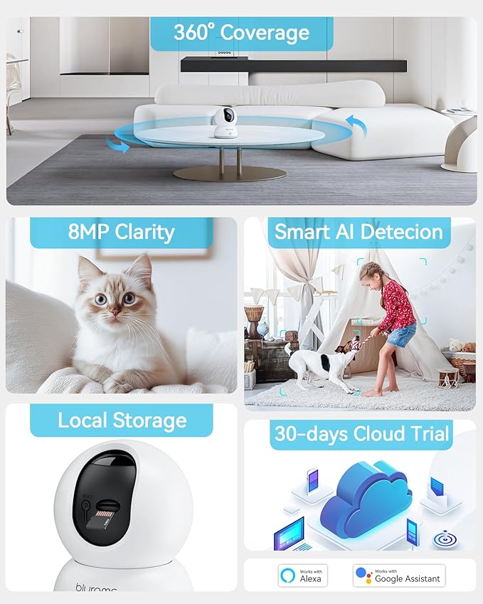 blurams Pet Camera 4K, 8MP Indoor Cameras for Home Security with One-Touch Call, Color Night Vision, Motion Tracking, 5GHz/2.4GHz Wi-Fi, Cloud & SD Card Storage, Wi-Fi 6-Mewly Pet
