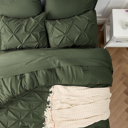 Bedsure Oversized Queen Comforter Set Olive Green - Bed in a Bag Bedding Set 7 PCS, GentleSoft™ Pintuck Bed Set Gift for Family, Pinch Pleat All Season Comforter with Sheets, Pillowcases & Shams