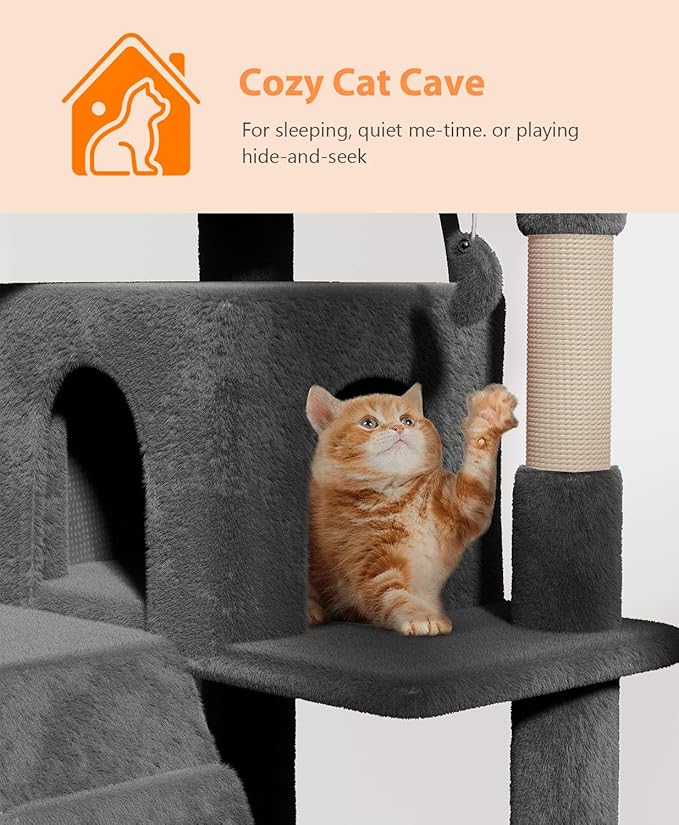 60" Cat Tree Tower for Indoor Cats Large Adult,Cute/Tall Modern Cat Tree for Big Cats 20 lbs, Plush Multi-Level Cat Condo with Scratching Posts,Dangling Ball (Smoky Gray, 60 inch)-Mewly Pet