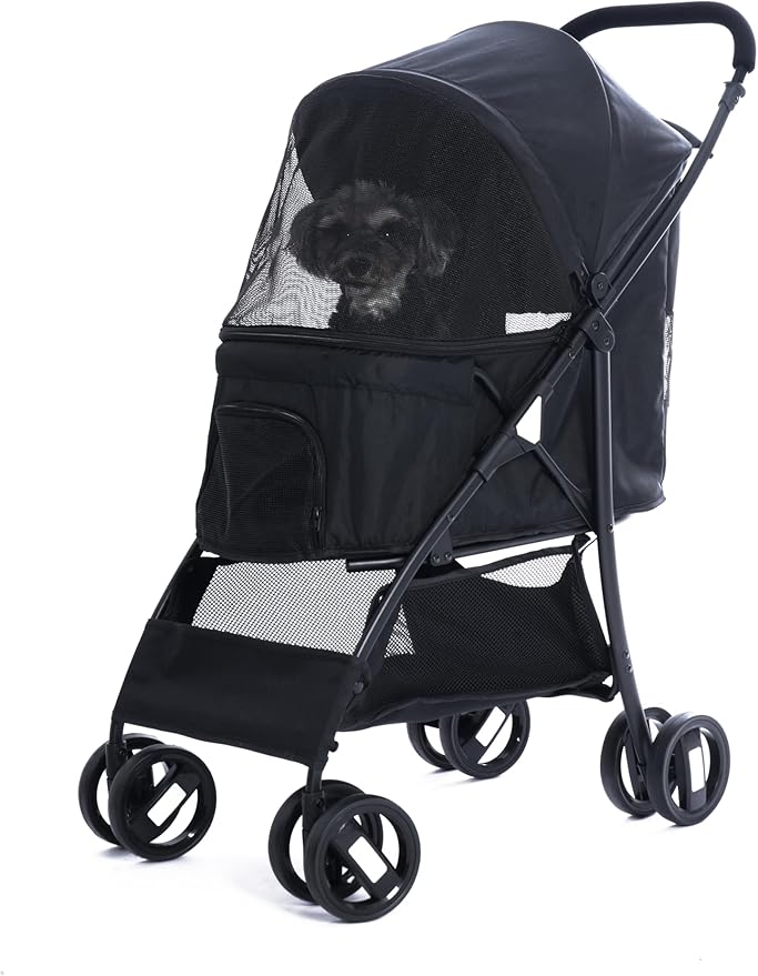 Sunny Sonny Foldable Jogger Pet Stroller with Weather Cover Storage Basket Pet Travel Carrier for S/M Dogs Cats up to 33lbs (Black)-Mewly Pet