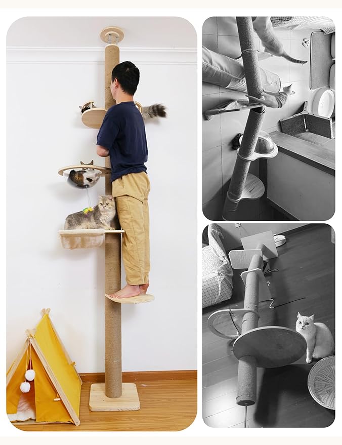 Floor-to-Ceiling Cat Tree with Natural Sisal Rope Scratching Post - Adjustable Height (55-119 Inches) - Modern Cat Activity Tree, Cat Scratcher Post-Mewly Pet