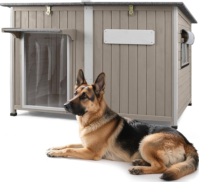 Large Dog House Outdoor XL Wooden Dog House with Weatherproof Asphalt Roof, Chew-Resistant Frame, Removable Floor, for Medium to Large Dogs Indoor Outdoor Use (Grey, 55.1"L x 33.1"W x 34.8"H)-Mewly Pet