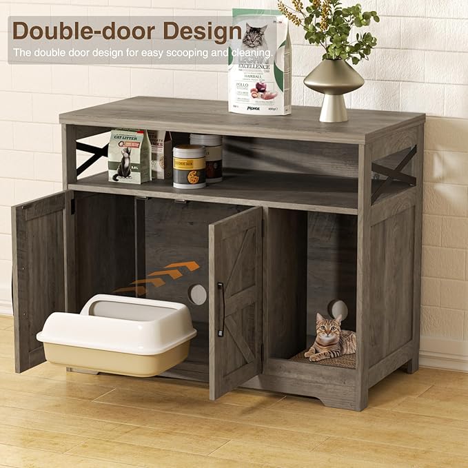 Cat Litter Box Enclosure, Hidden Litter Box Furniture with Scratch Pad, Farmhouse Indoor Cat House Washroom End Table, Grey-Mewly Pet