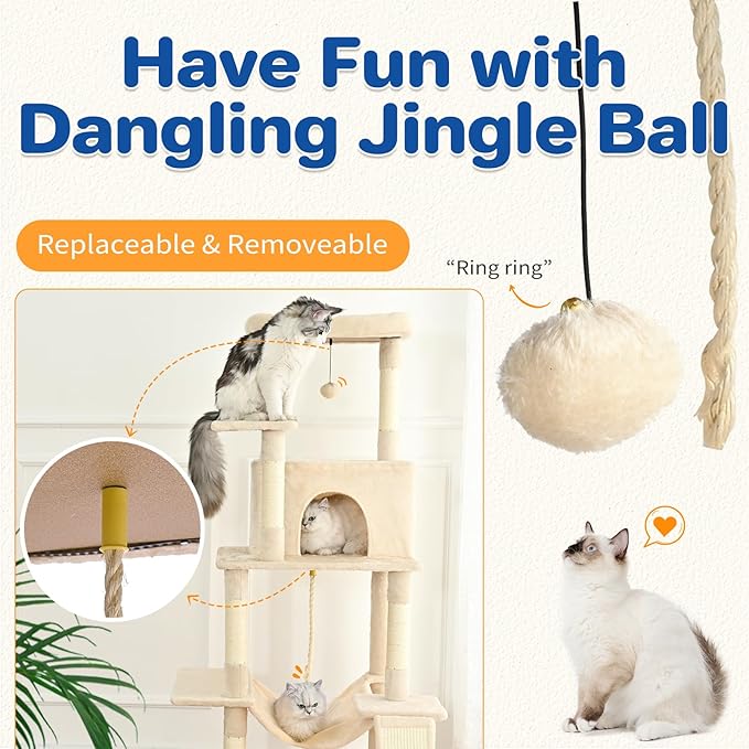Cat Tree Tower 63in Multi-Level Cat Tower for Indoor Cats with Sisal Scratching Posts, Condo, Hammock, Dangling Ball and Extended Platform for Cats to Play, Beige-Mewly Pet