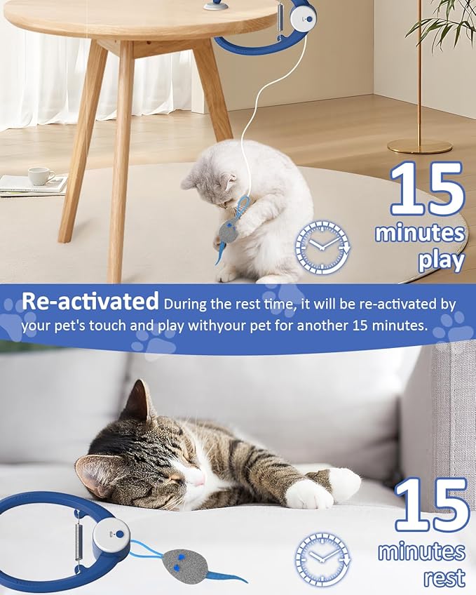 Cat Toy Interactive for Indoor Cats, Smart USB Rechargeable Door Hanging Automatic Retractable Kitten Toys, Teaser Electronic Self Play Feather Cat String Toys Attached with 3 Catnip Mice Blue-Mewly Pet
