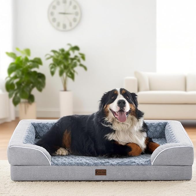 Orthopedic Dog Beds, Waterproof Memory Foam Large Sized Dog Beds with Sides, Non-Slip Bottom and Egg-Crate Foam Big Dogs Beds with Removable Washable Cover(Large,Light Grey)-Mewly Pet
