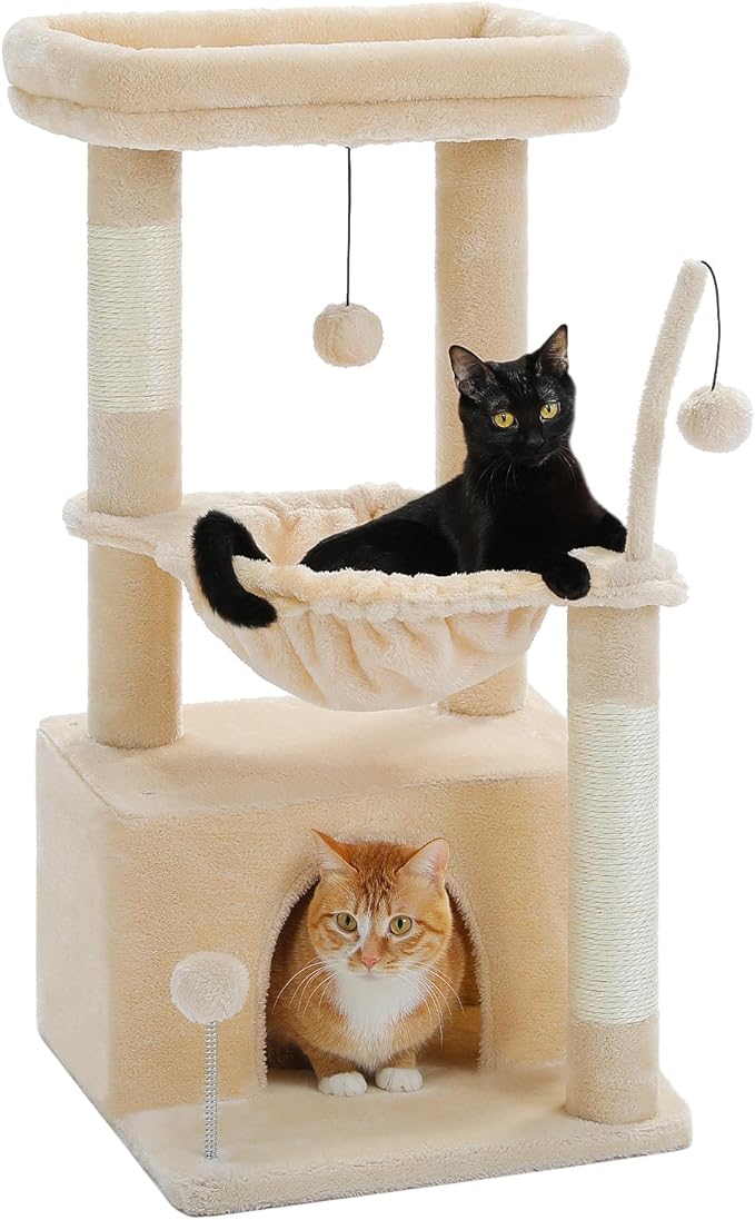 PEQULTI 4-in-1 Cat Tree, 33'' Cat Tower for Indoor Cats with Large Cat Condo, Scratching Post for Cats with Deep Hammock& Cozy Top Perch, Beige-Mewly Pet