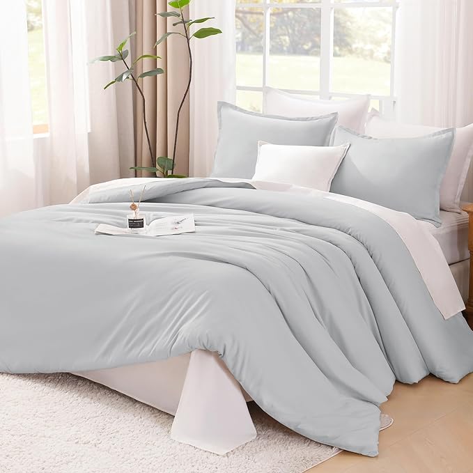 Litanika Light Grey Comforter California King Size, 3 Pieces Cal King Lightweight Solid Bedding Comforter Set, All Season Fluffy Bed Set (104x96In Comforter & 2 Pillowcases)