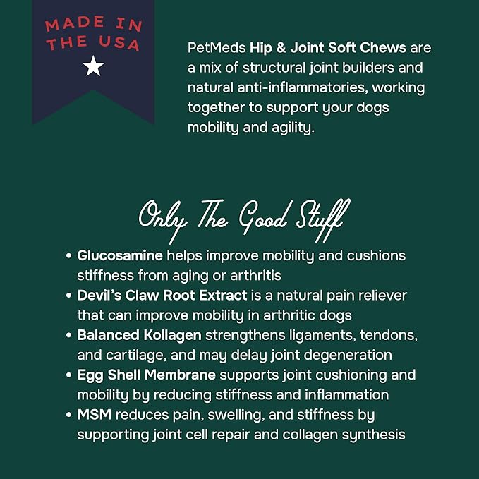 PetMeds Hip & Joint Supplement for Dogs - Vitamins, Glucosamine, MSM, Chondroitin, Collagen for Joint Mobility & Flexibility - Senior Dog Arthritis Support - Beef & Sweet Potato Flavor - 60 Soft Chews-Mewly Pet