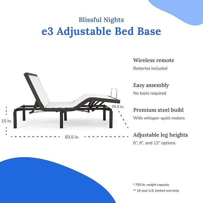 Blissful Nights e3 Split Cal King Adjustable Bed Base Frame with 12" Plush Gel Infused Memory Foam Mattress