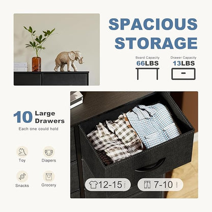 DUMOS Dresser for Bedroom, 10 Storage Drawers, Wide Fabric Closet Chests Organizer Tower Furniture with Wooden Top Metal Frame for Clothes, Guest Room, Living Room, Hallway, Entryway