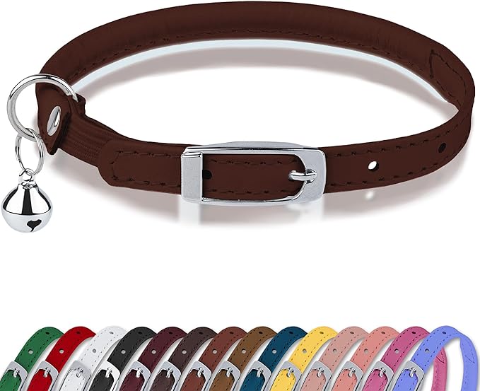 OOPSDOGGY Rolled Leather Cat Collar with Bell, Reflective Kitten Collars with Buckle Include Safety Elastic Strap - Adjustable Small Pet Collars for Boy Girl Cats (Brown)-Mewly Pet