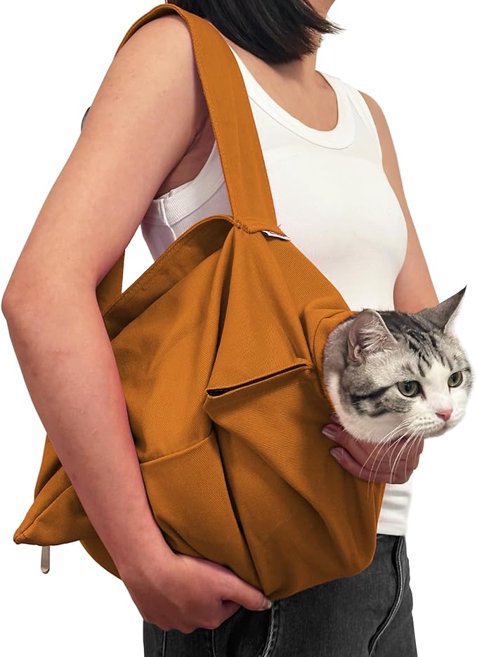 [Cozy Travel] Cat Carrier Pouch, Soft Sided Cat Sling Bag for Small Medium Cats, Carrying Sack, Restraint for Nail Trimming, Grooming,Caramel Small Upgrade-Mewly Pet