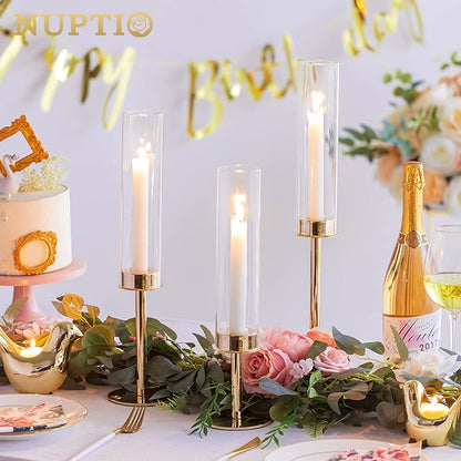 Nuptio Glass Hurricane Candle Holder: Set of 6 Gold Candlestick Holders - Long Stem Taper Candleholders for Christmas Tabletop Centerpiece Fireplace Decor Cylinder Candle Stand Windproof 14" 16" 18"
