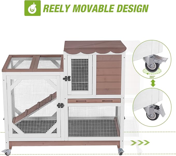 Gutinneen 2-Story Rabbit Hutch with Chew-Proof Ramp & Leak-Proof Trays - Indoor/Outdoor 39.3" Wooden Rabbit Cage with Wheels for Rabbits, Guinea Pigs-Mewly Pet