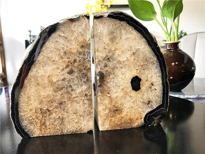 AMOYSTONE Crystal Stone Bookends Decorative Agate Book Ends Holder Geode Bookend Heavy Duty Natural Black Color (1 Pair, 4-6 LBS)