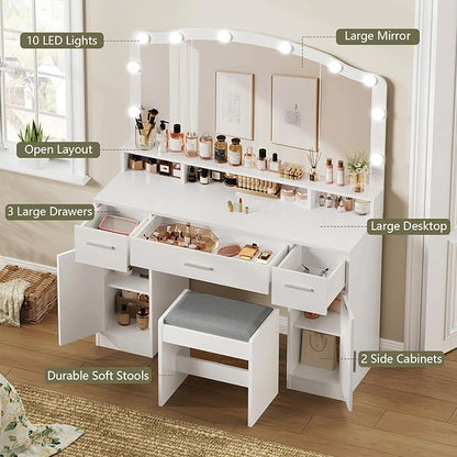 usikey 43.3” Vanity Desk with Large Mirror and Lights, Makeup Vanity with 3 Lighting Color Adjustable, Dressing Table Set with Storage Cabinet, Drawers and Chair for Girls Bedroom, White