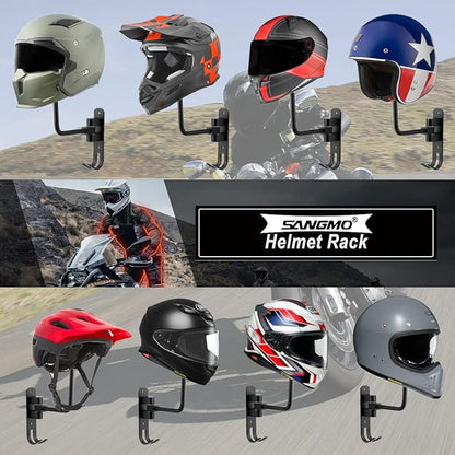 SANGMO 180° Motorcycle Helmet Rack, Rotation Metal Helmet Holder Wall Mounted Helmet Rack Motorcycle with 2 Hooks Helmet Hanger for Motorcycle Bike Coats, Caps, Baseballs and Rugby Helmet (2 Pack)