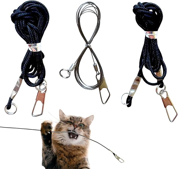 Replacement Strings for Cat Wand Toy - 3-Pieces - Chew-Proof Metal String Wire and 2 Durable Paracord Strings - Heavy Chewers Pack Cat Wand Toy Refill Strings (6 Replacement Strings)-Mewly Pet