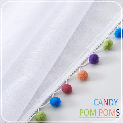 Treatmentex Sheer White Curtains with Multi-Color Pom-Pom Sheer Curtains for Toddler 84" Long Linen Textured Decorative Nursery Room Window Drapes 52" w 1Pair