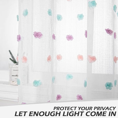 MYSKY HOME 45 Inches Kitchen Curtains Small Window Curtains for Bathroom Cafe Bedroom Rainbow Pom Pom Sheer Curtains for Nursery Room Rod Pocket 2 Pieces Drapes 38 x 45 inch Length