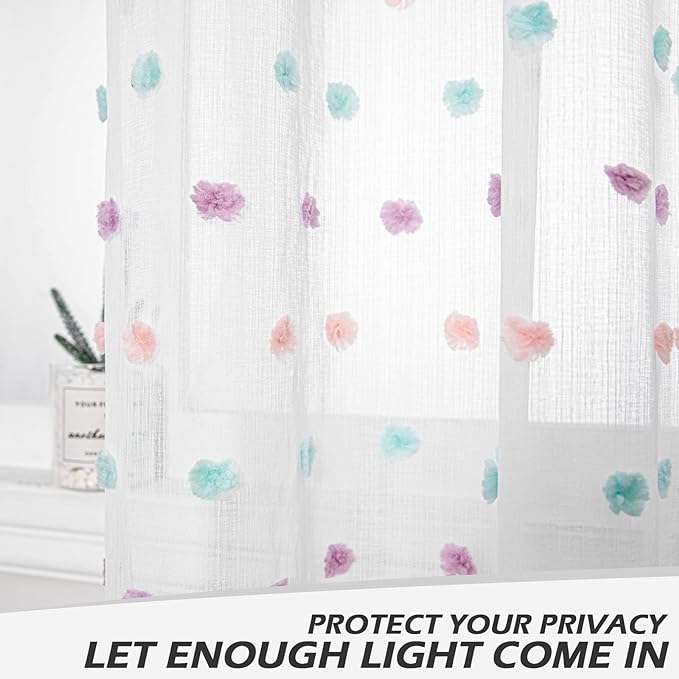 MYSKY HOME Curtains for Living Room 84 Inch Long Rainbow Pom Pom Curtains for Bedroom Sheer Curtains for Nursery Windows Rod Pocket Privacy Drapes Dining Room 38" x 84" 2 Panels