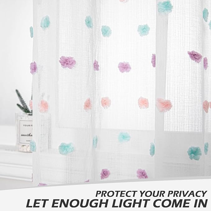 MYSKY HOME Rainbow Pom Pom Curtains for Living Room Light Filtering 90 Inch Long Bedroom Curtains for Nursery Girls Kids Room Rod Pocket Bohemian Voile Window Drapes 52 x 90 inch 2 Panels