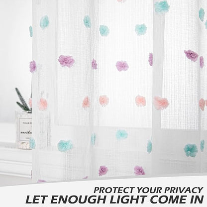 MYSKY HOME Pom Pom Curtains for Girls Bedroom Rainbow Nursery Curains for Boys Kids Room Colorful White Sheer Curtains for Living Room Playroom Rod Pocket Window 52" x 63" Set of 2