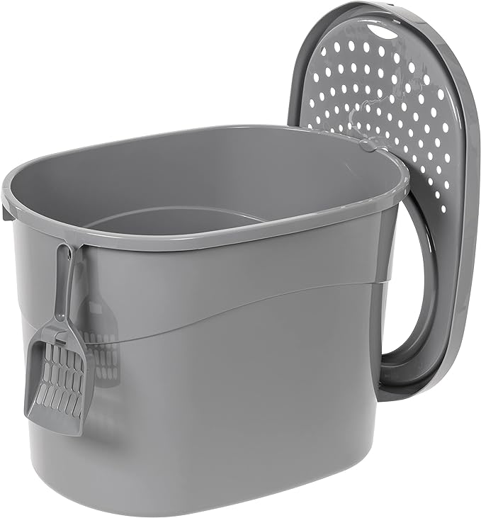Amazon Basics Large Cat Litter Box with High Sides, Top Entry, Includes Scoop, 20.5 x 14.75 x 14.38 inches, Grey-Mewly Pet